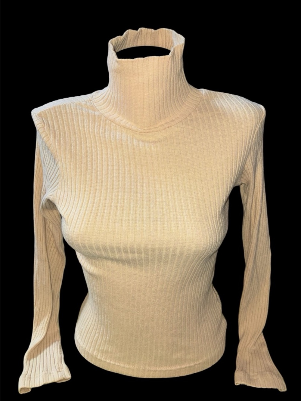 Women's Cream Ribbed Turtleneck Long Sleeve Top